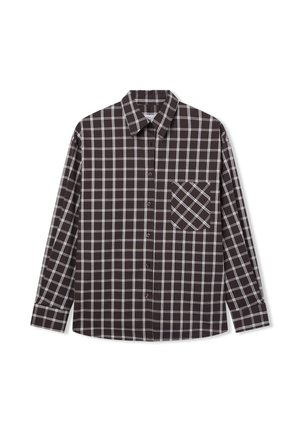 Camicia a maniche lunghe in plaid con un motivo a quadri marrone e bianco, colletto con bottoni e taschino sul lato sinistro con un design a quadri diagonali.