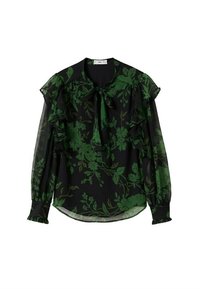 Blouse noire transparente à motif floral vert, manches longues bouffantes, détails volantés aux épaules et aux poignets, et nœud noué au col.