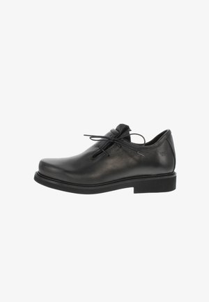 Black leather lace-up dress shoe with rounded toe and low block heel, viewed from the side on white background.