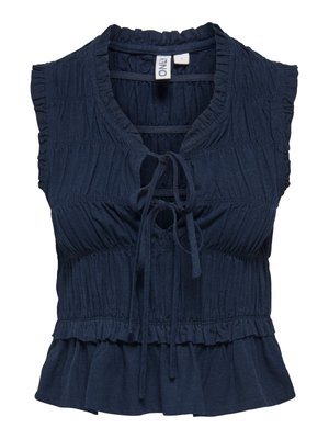 Blusa sin mangas azul marino con bordes fruncidos, fruncido elástico, detalle de lazada frontal y bajo peplum.