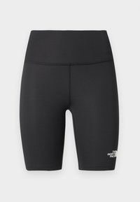 Shorts da ciclismo atletici neri a vita alta con cuciture piatte e logo The North Face sulla gamba sinistra inferiore.