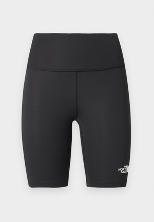 Czarne sportowe spodenki rowerowe z wysokim stanem, płaskimi szwami i logo The North Face na dolnej części lewej nogawki.