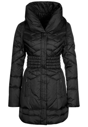 Manteau matelassé noir en duvet avec col entonnoir haut, taille à cintrage élastique, manches longues et poches latérales zippées.