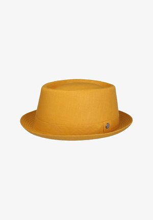 Mustard yellow fedora hat with a short, stitched brim and a matching fabric band with a small round metal emblem.