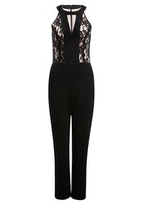 Schwarzer Jumpsuit mit einem Spitzenoberteil, Halterneck, Schlüssellochöffnung und eng anliegenden Hosen. Glattes Material mit matter Oberfläche.