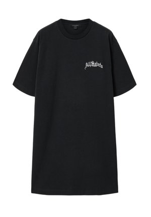 Czarny oversize'owy t-shirt z krótkim rękawem i białym logo "AllSaints London" na lewej piersi.