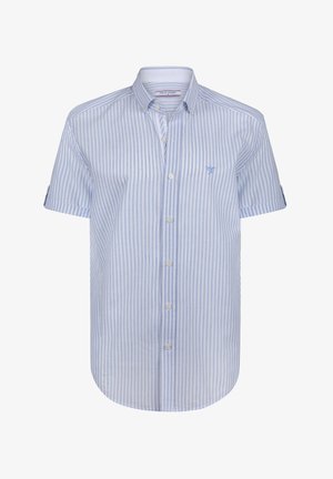 Kurzärmliges Hemd mit Knopfleiste in Hellblau mit weißen vertikalen Streifen, ausgestattet mit einem spitzen Kragen und einem kleinen gestickten Logo auf der Brust.