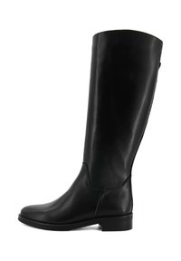 Stivale nero in pelle, alto fino al ginocchio, con texture liscia, punta arrotondata, tacco basso a blocco e dettagli di cucitura discreti lungo i lati.