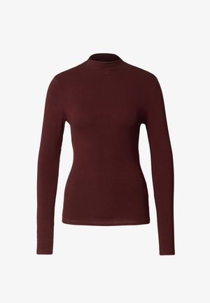 Top bordeaux a manica lunga con collo alto realizzato in tessuto elasticizzato; design aderente con bordi senza cuciture e collo alto.