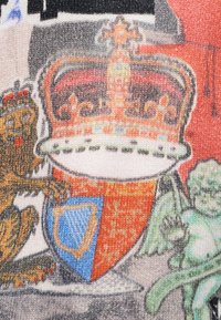 Couronne royale au sommet d'un bouclier rouge et bleu tenu par un lion doré à gauche et un chérubin ailé vert à droite.