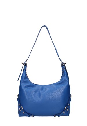 Borsa hobo in pelle blu con superficie texturizzata, caratterizzata da una forma curvata e decorativi dettagli in hardware argentato lungo i lati. Tracolla regolabile.