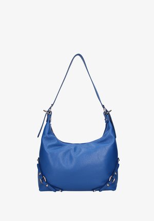 Blauwe leren hobo tas met een textuur oppervlak, met een gebogen vorm en decoratieve zilveren hardware accenten langs de zijkanten. Verstelbare schouderriem.