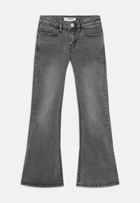 Gray flared jeans made of denim with a smooth texture. Features five pockets, a front button closure, and contrasting stitching details.