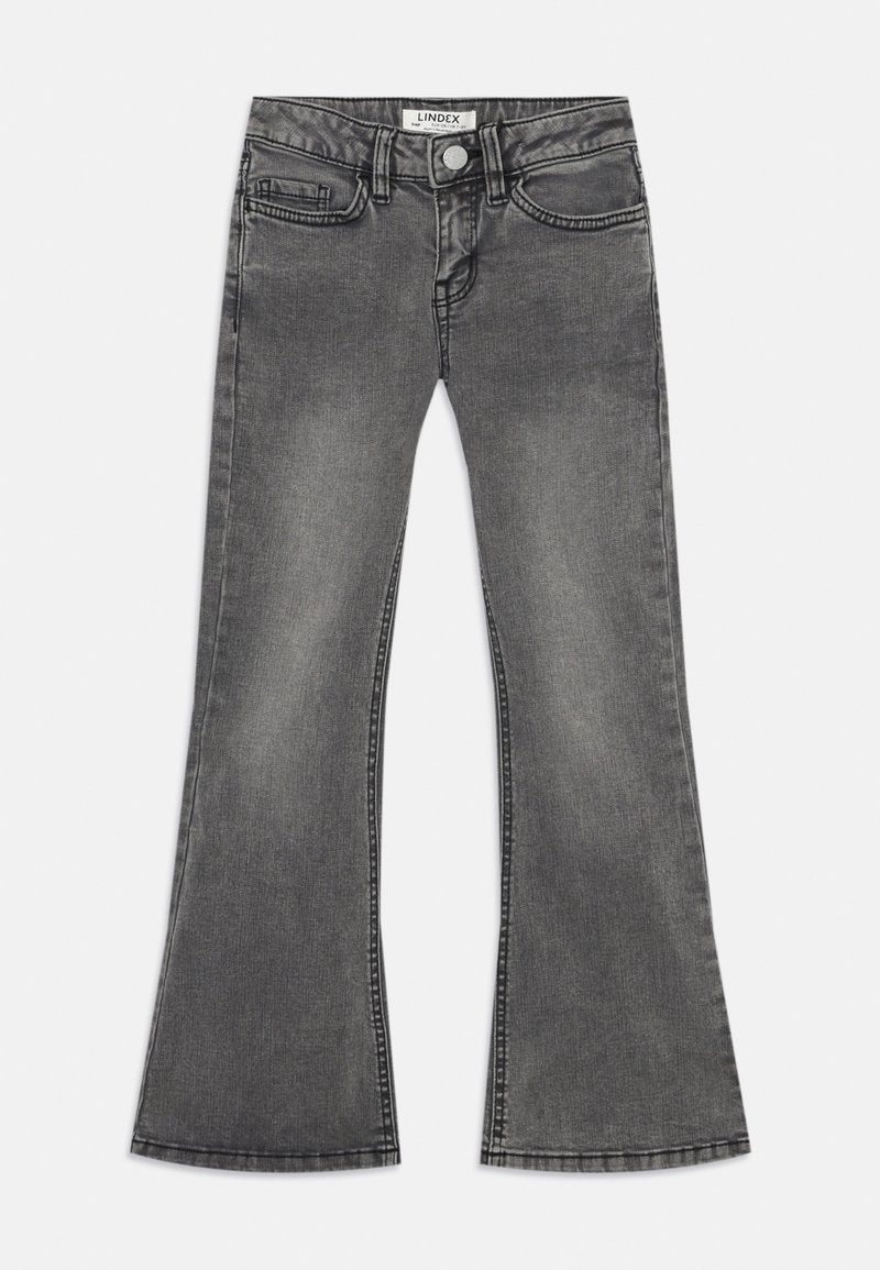 Jean gris évasé en denim avec une texture lisse. Comprend cinq poches, une fermeture à bouton à l'avant et des détails de couture contrastants.