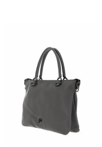 Sac à main en cuir gris avec deux poignées supérieures, surface texturée, fermeture éclair et accents en forme de cercle. Présente un logo discret à l'avant.