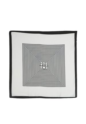 Tessuto quadrato bianco con bordo nero e linee nere quadrate concentriche che formano un motivo geometrico attorno al testo centrale.
