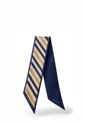 Marineblauwe en beige gestreepte smalle sjaal met de tekst "VIVISENCE" aan de uiteinden, losjes gevouwen in een omgekeerde V-vorm.