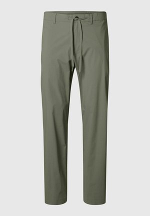 Pantaloni verde oliva realizzati in tessuto leggero, con vita regolabile, gambe dritte e cuciture minimali per un design pulito.