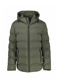 Oliwkowa puchowa kurtka z zamkiem błyskawicznym z przodu, regulowanym kapturem i bocznymi kieszeniami. Charakteryzuje się pikowanym wzorem i gładkim wykończeniem.