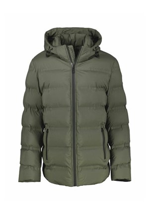 Oliwkowa puchowa kurtka z zamkiem błyskawicznym z przodu, regulowanym kapturem i bocznymi kieszeniami. Charakteryzuje się pikowanym wzorem i gładkim wykończeniem.