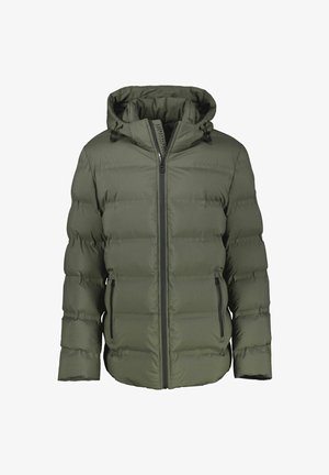 Oliwkowa puchowa kurtka z zamkiem błyskawicznym z przodu, regulowanym kapturem i bocznymi kieszeniami. Charakteryzuje się pikowanym wzorem i gładkim wykończeniem.