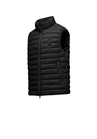 Zwarte mouwloze puffer vest met een hoge kraag, voorzien van verticale gestikte ontwerpen, één ritsborstzak en twee zijzakken.