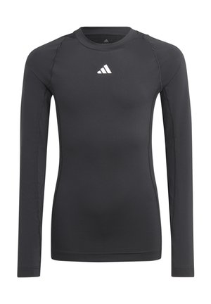 Langarm zwart sportshirt van gladde, rekbare stof, met een wit logo op de borst en platte naden.