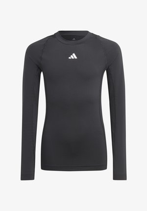 Langärmliges, schwarzes Sportshirt aus glattem, elastischem Material, mit einem weißen Logo auf der Brust und flachen Nähten.