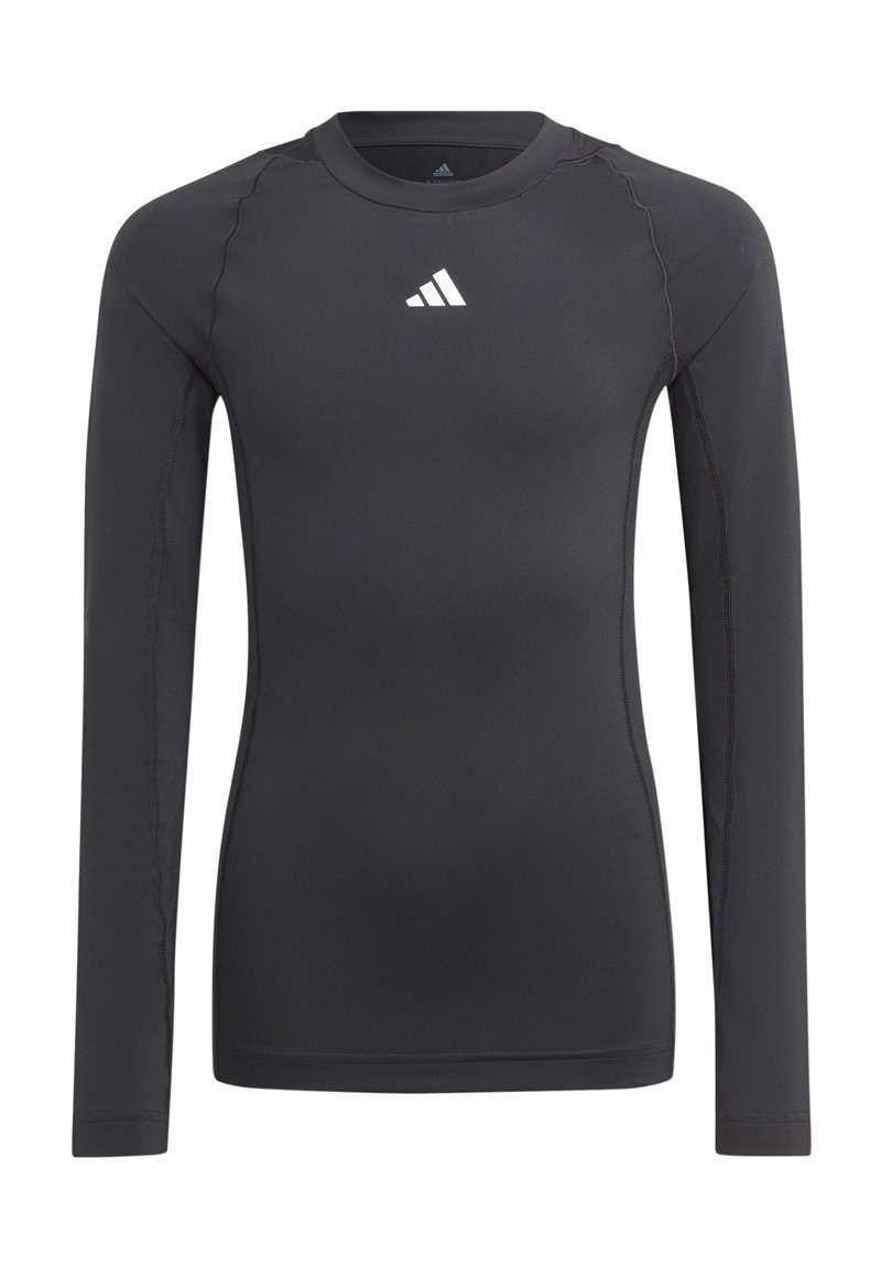 T-shirt de sport noir à manches longues en tissu lisse et extensible, avec un logo blanc sur la poitrine et des coutures plates.
