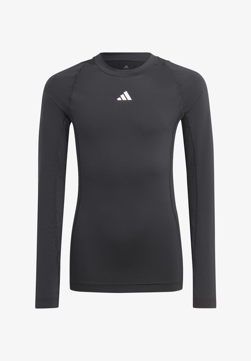 Langarm zwart sportshirt van gladde, rekbare stof, met een wit logo op de borst en platte naden.