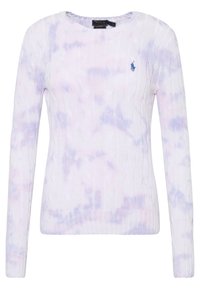 Bawełniany sweter z wzorem batiku w kolorze bzu, plecionym wzorem warkocza, okrągłym dekoltem oraz ściągaczami na mankietach i dole. Zawiera haftowane logo.