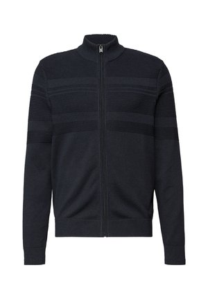 Marineblå sweattrøje med lynlås i strikket stof, der har teksturerede striber, høj krave og tætsiddende manchetter. Glat tekstur med en afslappet pasform.