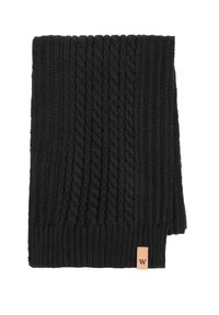 Sciarpa nera lavorata a maglia con motivo a treccia e bordi a coste. Include un'etichetta in pelle piccola con la lettera "W" su un'estremità.