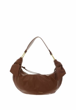 Braune Lederschultertasche mit geknoteten Enden, goldener Hardware und einem einzelnen Riemen, vorne in der Mitte mit "Coccinelle" gebrandmarkt.