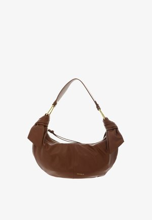 Sac à épaule en cuir marron avec extrémités nouées, quincaillerie dorée et une bandoulière unique, marqué "Coccinelle" au centre devant.