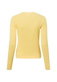 Gelber gerippter Pullover mit langen Ärmeln und rundem Halsausschnitt. Verfügt über einen strukturierten Stoff und eine taillierte Silhouette, in durchgehend einfarbiger Ausführung.