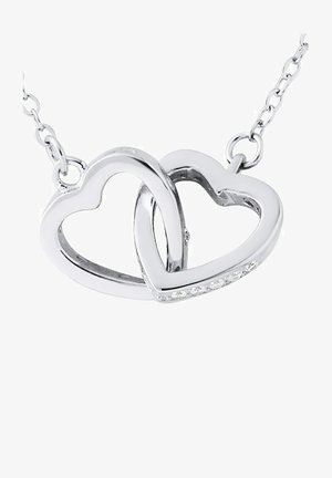 Silbernes Doppelherz-Halsband mit ineinandergreifendem Design. Ein Herz hat eine Reihe kleiner, klarer Steine, eine glatte Oberfläche und eine zarte Kette.
