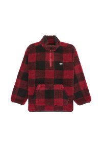 Piros és fekete kockás fleece pulóver fél cipzárral, állógallérral és elülső zsebből. Puha tapintású és laza szabású.