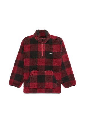 Pullover en polaire à carreaux rouges et noirs avec un demi-zip, un col montant et une poche avant. Texture douce et coupe décontractée.