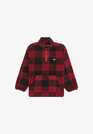 Raudonos ir juodos langelinės fliso palaidinė su puse užtrauktuko, apsiaustu ir priekine kišene. Minkšta tekstūra ir laisvas kirpimas.