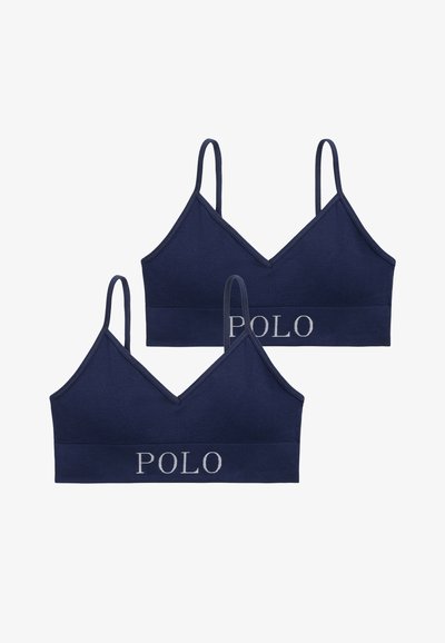Námořnicky modré braletky s nastavitelnými tenkými ramínky, výstřihem do V, žebrovanou texturou a výšivkou "POLO" na elastickém pásku. Dvojbalení.