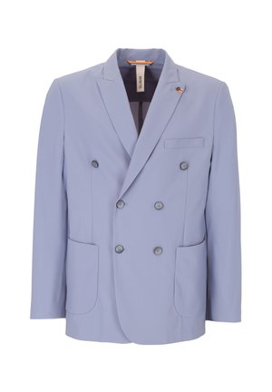 Blazer doppio petto di un delicato colore lavanda con sei bottoni, due tasche inferiori, una tasca sul petto, revers a punta e etichetta interna con marchio.