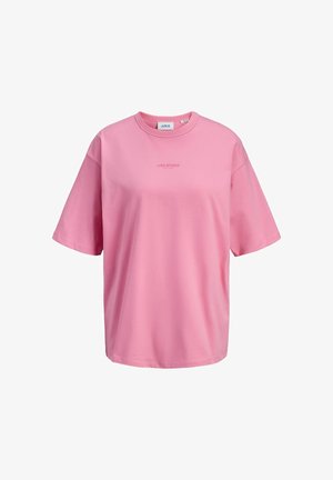 Roze T-shirt met korte mouwen, gemaakt van zachte katoen en met een relaxte pasvorm. Heeft een ronde hals en subtiele branding op de borst.