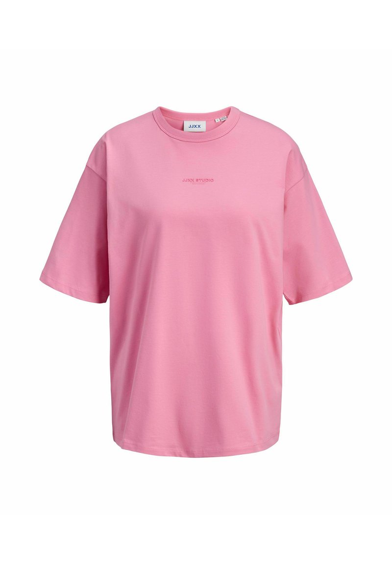 Camiseta de manga curta rosa, feita de algodão suave, com um corte descontraído. Apresenta um decote redondo e uma marcação subtil no peito.
