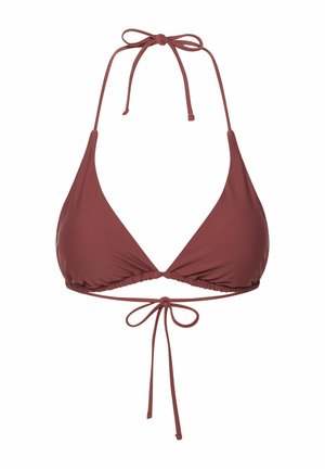 Bikini-Oberteil in tiefem Rostrot. Verfügt über ein dreieckiges Design mit verstellbaren Bändern am Hals und Rücken, aus glattem Stoff gefertigt.