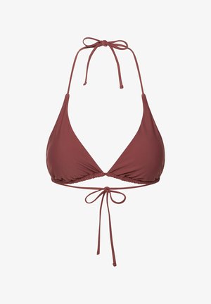Góra bikini w głębokim rdzawym kolorze. Posiada trójkątny fason z regulowanymi wiązaniami na szyi i plecach, wykonana z gładkiego materiału.