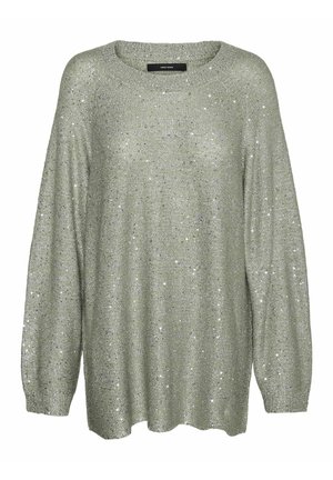 Spīdīgs zaļš džemperis, brīvs piegriezums, apaļa kakla izgriezuma forma, garas piedurknes, adīta tekstūra, rotāts ar atstarojošām pērlītēm visā virsmā.
