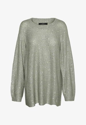 Spīdīgs zaļš džemperis, brīvs piegriezums, apaļa kakla izgriezuma forma, garas piedurknes, adīta tekstūra, rotāts ar atstarojošām pērlītēm visā virsmā.