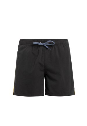 Fekete úszónadrág rugalmas derekkal és zsinórral, sárga oldalsávokkal és sima szövettextúrával.