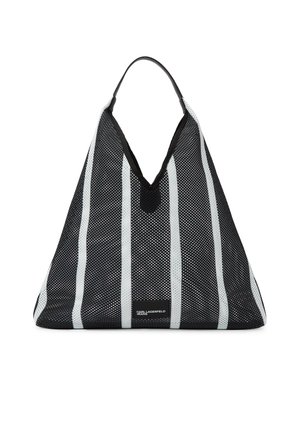 Sort-hvid stribet net-tote taske med trekantet form og enkelt sort håndtag, med et lille Karl Lagerfeld Jeans mærke.